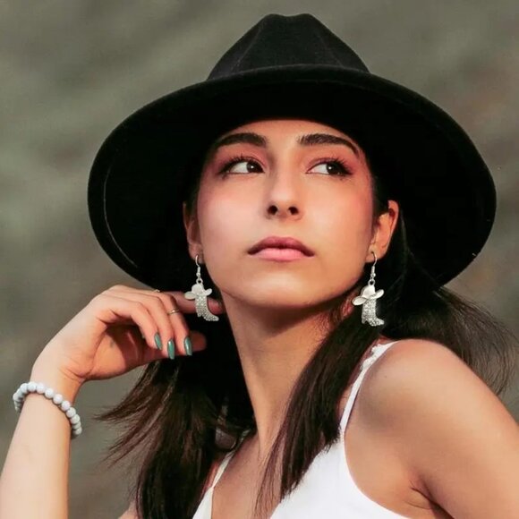 Cowboy Hat Rhinestone Drop Earrings - Picture 4 of 4